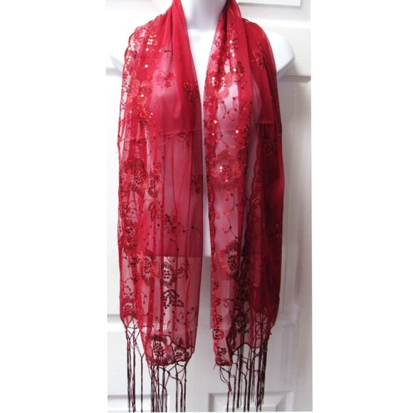 Burgundy Sequin Shawl Wrap Sparkle Fringed Scarf Wedding Bridal Dressy Evening - Picture 2 of 4